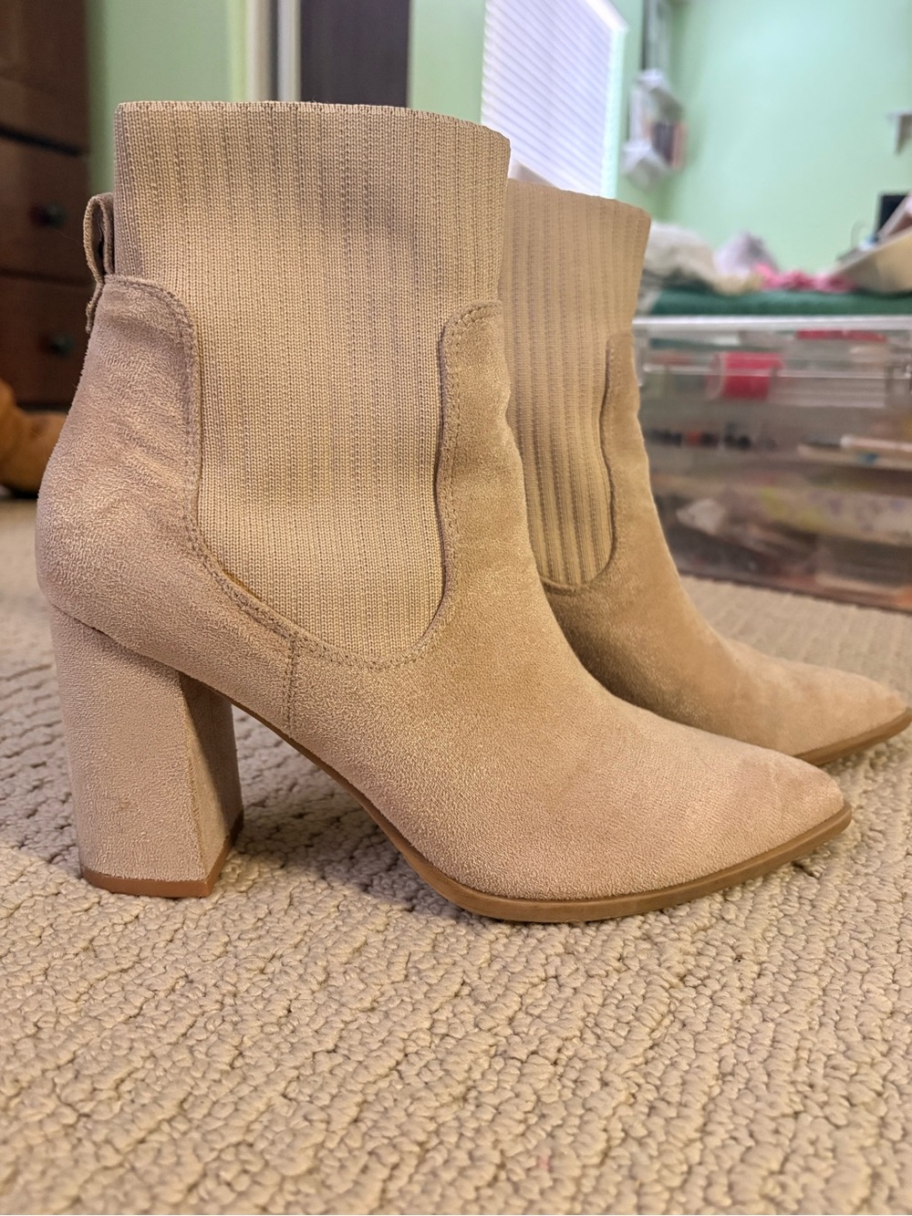 Chunk Heel Suede Sock Ankle Boots in Beige